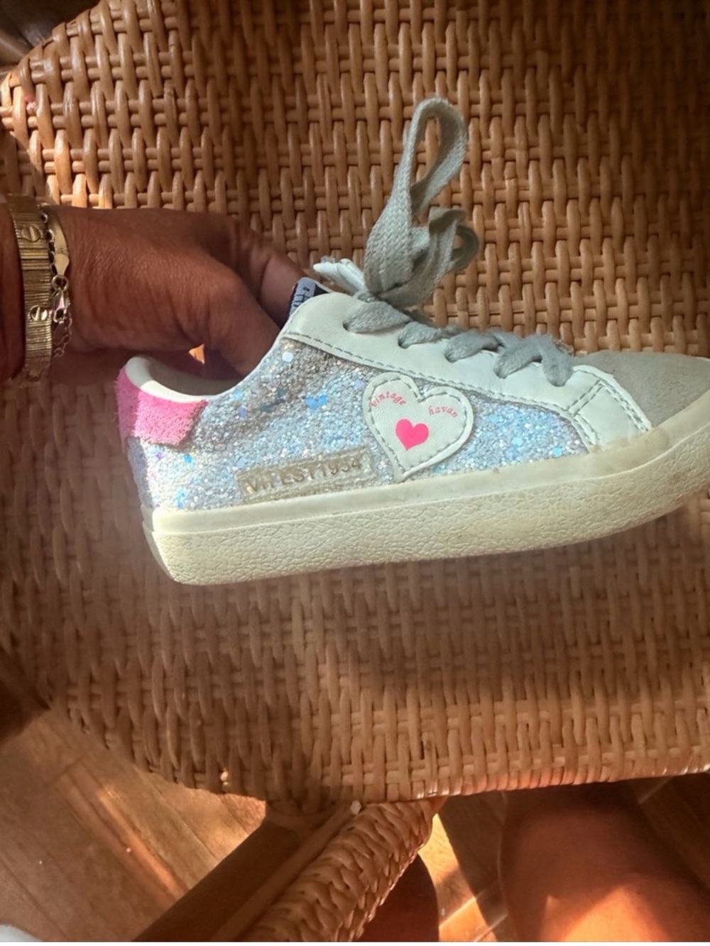 Vintage Kids Glitter Sneakers in Light Blue with Pink Heel